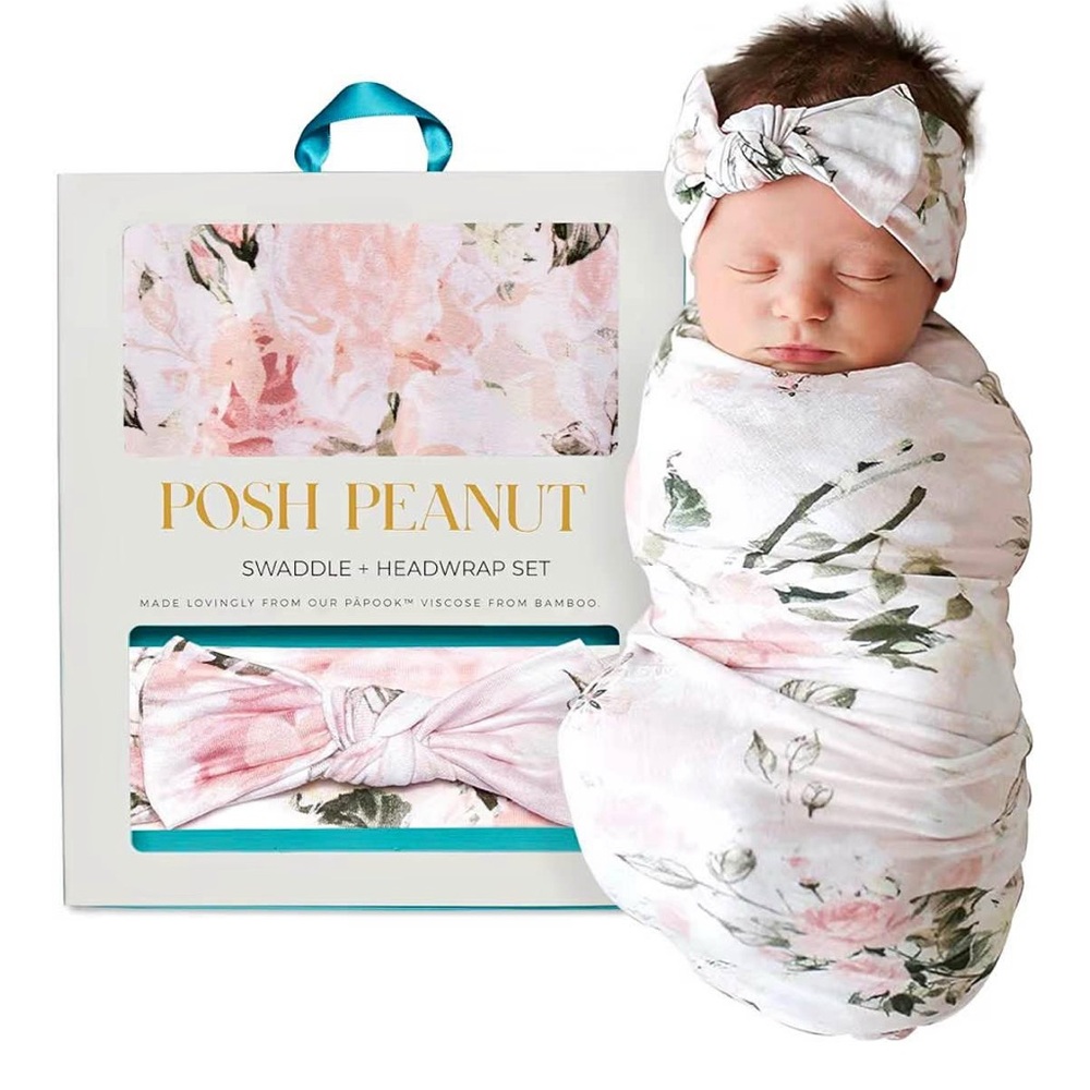 Posh Peanut Bamboo Swaddle + Headwrap Set in Vintage pink Rose